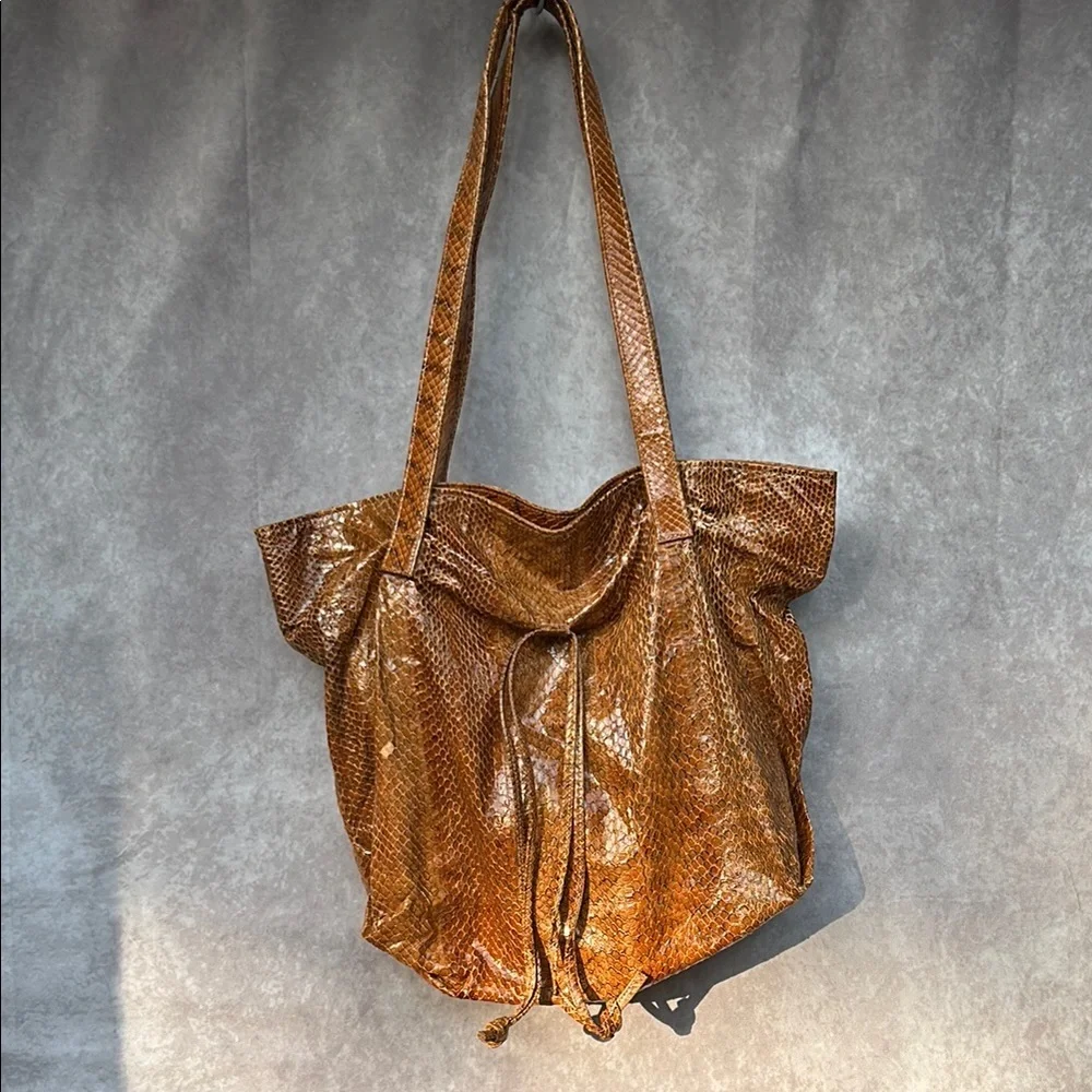 Vintage MAAN Brown Leather Snakeskin Textured Tote Bag GUC *defect* Suede Lining - Picture 1 of 15